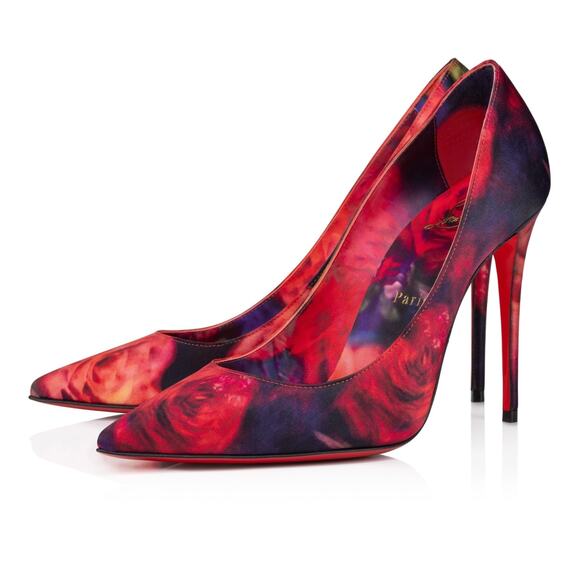 Christian Louboutin Kate 100 Crepe Satin Roses Red Blue Pointed Heel Pump 39.5 - Picture 1 of 15